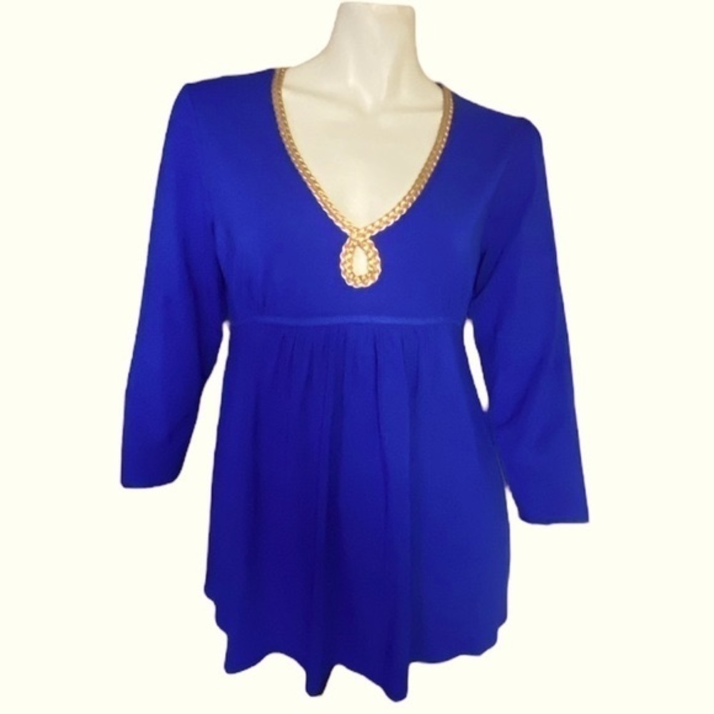 Boston Proper V Neck Inspired Keyhole Front Royal Blue Blouse Top Size Medium